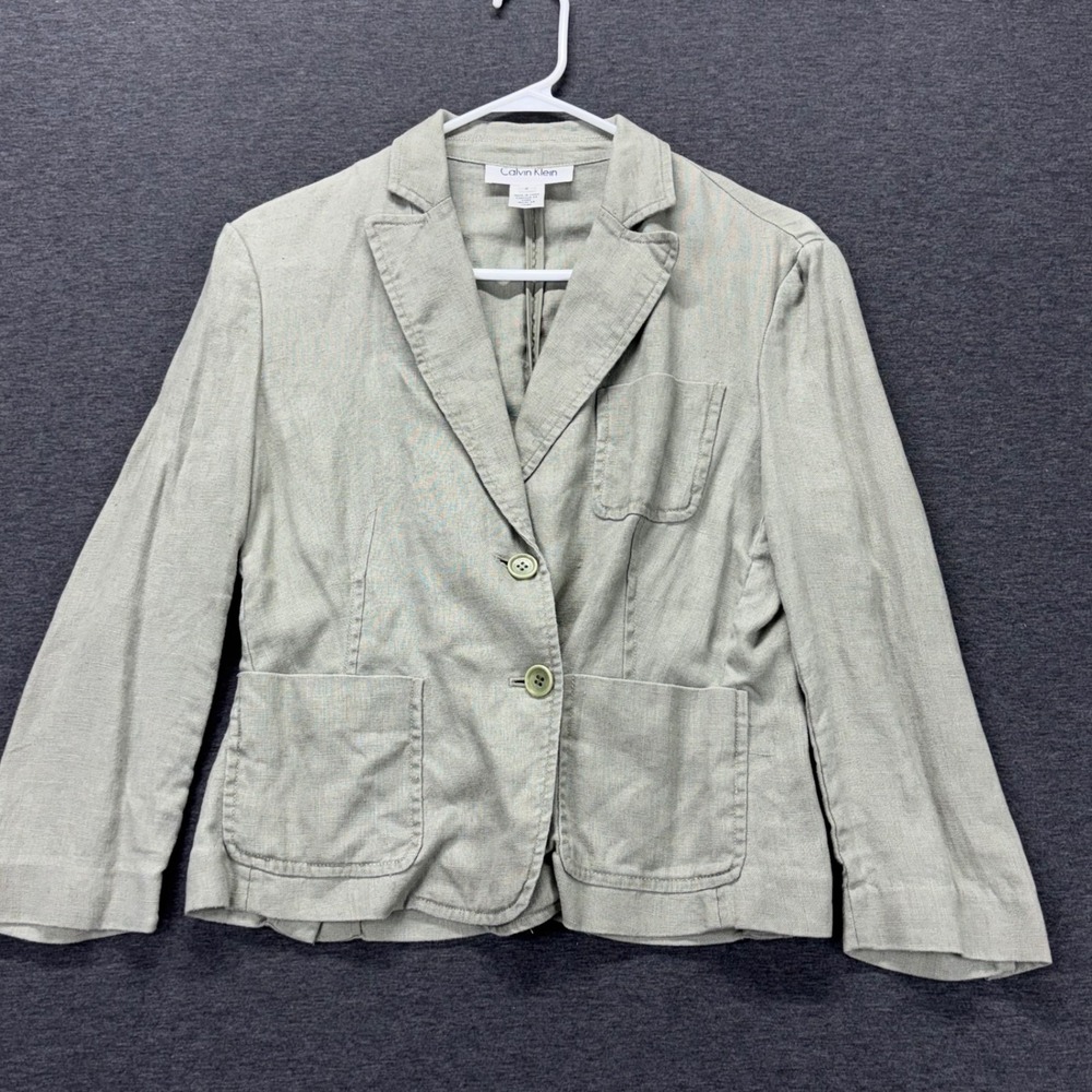 Calvin‎ Klein Blazer Womens 2 Linen Light Sage Two Button Patch Pocket Casual